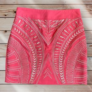 JEALOUS TOMATO Women’s Gold Embroidered Design Zipper Back Skirt in Coral